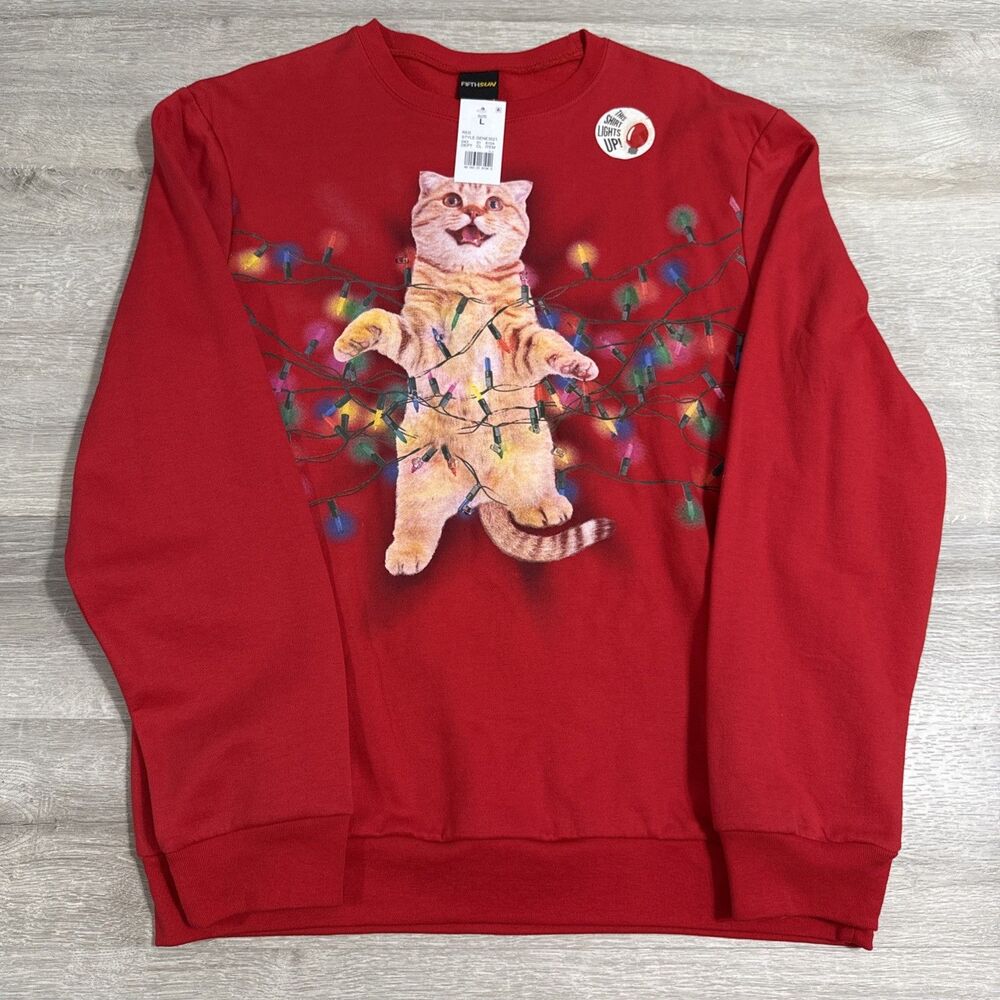 Cat Christmas Sweatshirt Men's Large Red Light Up Fifth Sun Holiday NWT